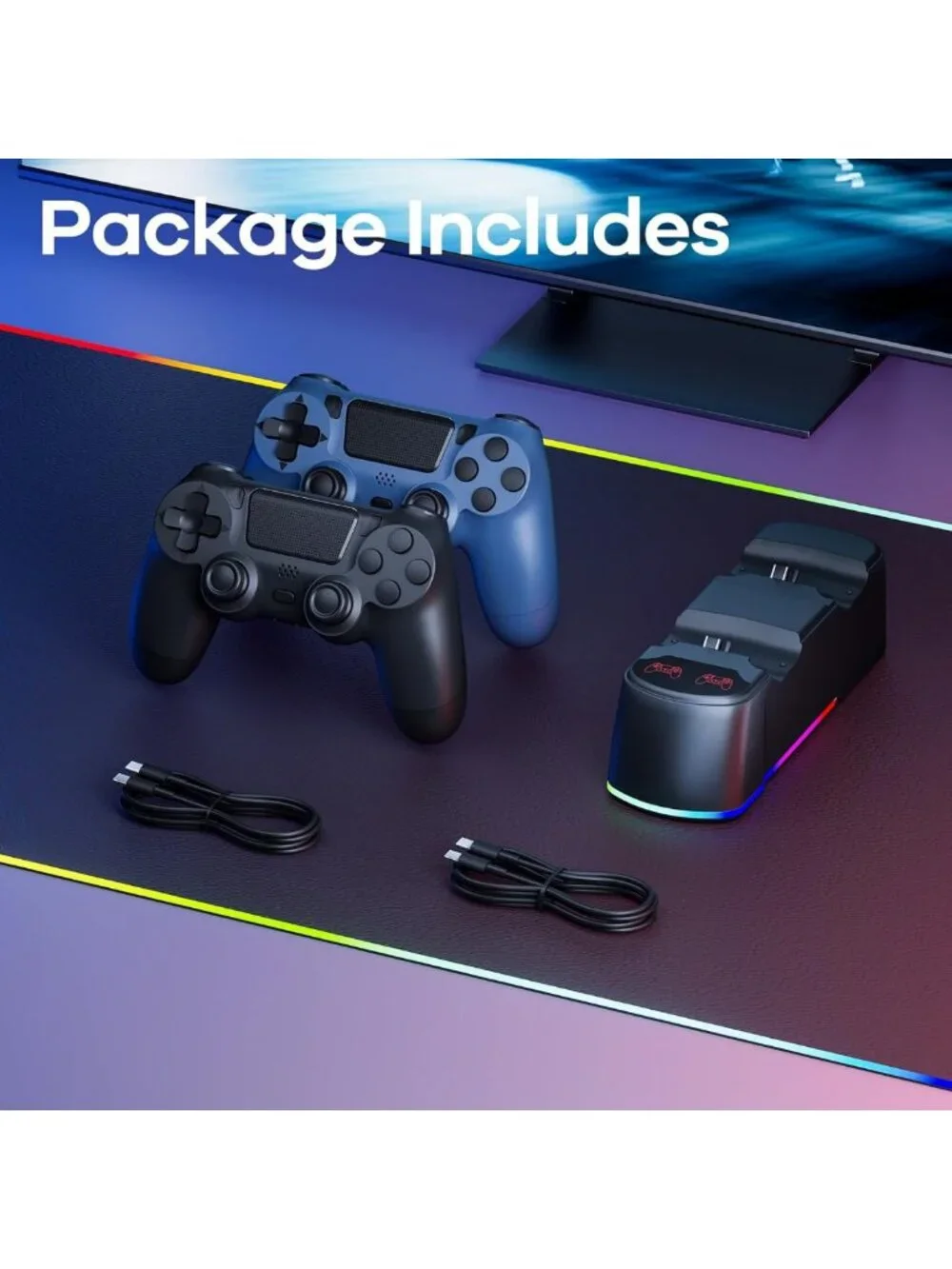 Wireless Game Controller 2-Pack with LED Charging Dock & USB Cables for PS4